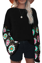 Load image into Gallery viewer, Black Floral Crochet Bell Sleeve Loose Sweater | Tops/Sweaters & Cardigans