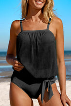 Load image into Gallery viewer, Black Striped Mesh Knotted Hem Tankini Swimsuit