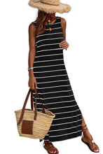 Load image into Gallery viewer, Black Stripe Print Open Back Sleeveless Maxi Dress with Slits