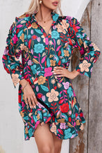 Load image into Gallery viewer, Green Floral Print Puff Sleeve Ruffled Mini Dress | Dresses/Floral Dresses
