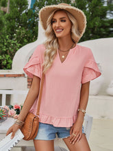 Load image into Gallery viewer, Ruffled Notched Petal Sleeve Blouse | Tops/Tank Tops