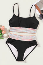 Load image into Gallery viewer, Black Striped Patchwork Spaghetti Strap High Waist Bikini Swimsuit | Swimwear/High Waisted Swimsuit