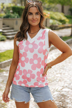 Load image into Gallery viewer, V Neck Tank Top | Pink Cute Flower Knitted Tank