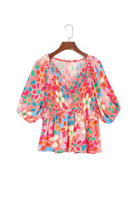 Load image into Gallery viewer, Pink Boho Flower Print Puff Sleeve Peplum Top | Tops/Tops & Tees