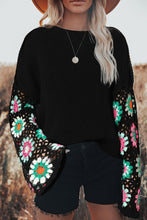 Load image into Gallery viewer, Black Floral Crochet Bell Sleeve Loose Sweater | Tops/Sweaters & Cardigans