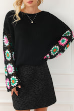 Load image into Gallery viewer, Black Floral Crochet Bell Sleeve Loose Sweater | Tops/Sweaters & Cardigans