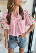 Load image into Gallery viewer, Pink Floral Embroidered Puff Sleeve Split Neck Blouse | Tops/Blouses & Shirts