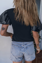 Load image into Gallery viewer, Puff Sleeve Top | Black Faux Leather Sleeve Mock Neck Top