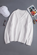 Load image into Gallery viewer, White V neck Drop Shoulder Sweater
