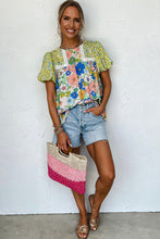 Load image into Gallery viewer, Green Bubble Sleeve Lace Trim Floral Mixed Print Blouse | Tops/Blouses & Shirts