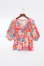 Load image into Gallery viewer, Pink Boho Flower Print Puff Sleeve Peplum Top | Tops/Tops & Tees