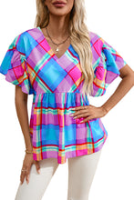 Load image into Gallery viewer, Babydoll Top | Sky Blue Colorful Plaid V Neck Ruffled Short Sleeve Blouse