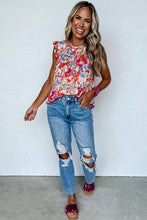 Load image into Gallery viewer, Red Frilled Neck Pleated Boho Floral Tank Top | Tops/Tank Tops