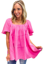 Load image into Gallery viewer, Bright Pink Textured Square Neck Flutter Sleeve Tiered Flowy Blouse | Tops/Blouses & Shirts