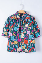 Load image into Gallery viewer, Green Floral Print Puff Sleeve Tied V Neck Blouse | Tops/Blouses & Shirts