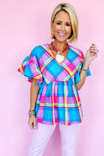 Load image into Gallery viewer, Babydoll Top | Sky Blue Colorful Plaid V Neck Ruffled Short Sleeve Blouse