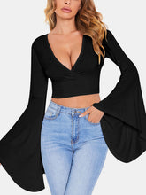 Load image into Gallery viewer, Womens Crop Top | Black Plunge Flare Sleeve Cropped Top | Tops/Crop Tops