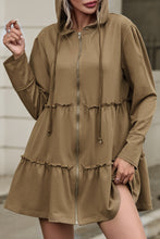 Load image into Gallery viewer, Khaki Tiered Ruffled Zip-Up Drawstring Hooded Jacket | Outerwear/Jackets
