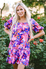 Load image into Gallery viewer, Purple Flower Print Short Puff Sleeve Ruffled Dress | Dresses/Floral Dresses