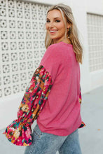 Load image into Gallery viewer, Pink Flower Patchwork Top | Ruffled Sleeve Ribbed Knit
