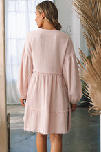 Load image into Gallery viewer, Puff Sleeve Dress | Oatmeal Crinkle Distressed Flared Dress