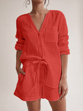 Load image into Gallery viewer, Top & Shorts Set | Notched Long Sleeve Top and Shorts Set