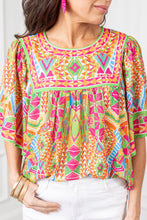 Load image into Gallery viewer, Babydoll Blouse | Orange Geometric Print Bell Sleeve O Neck