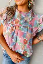 Load image into Gallery viewer, Pink Floral Ruffled Flutter Sleeve Pleated Blouse | Tops/Blouses & Shirts