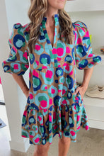 Load image into Gallery viewer, Green Leopard Print Bubble Sleeve Slit Neck Ruffled Dress | Dresses/Mini Dresses