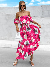 Load image into Gallery viewer, Off Shoulder Midi Dress | Pleated Floral Short Sleeve Dress