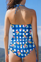 Load image into Gallery viewer, Blue Folk Gingham Halter Ruched Bodice Drawstring Ties One Piece Swimwear