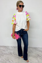 Load image into Gallery viewer, Puff Sleeve Top | White Collar Sequin Flower Textured Blouse