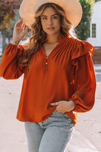 Load image into Gallery viewer, Orange Ruffled Pleated Buttoned V Neck Blouse | Tops/Blouses & Shirts
