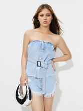 Load image into Gallery viewer, Denim Tube Top | Buttons Raw Hem