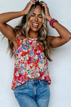 Load image into Gallery viewer, Red Frilled Neck Pleated Boho Floral Tank Top | Tops/Tank Tops