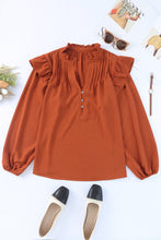 Load image into Gallery viewer, Orange Ruffled Pleated Buttoned V Neck Blouse | Tops/Blouses & Shirts