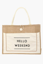 Load image into Gallery viewer, Hello Weekend Burlap Tote Bag