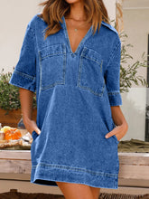 Load image into Gallery viewer, Womens Dress-Johnny Collar Half Sleeve Denim Dress | denim dress