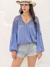 Load image into Gallery viewer, Womens Blouse-Lace Detail Tie Neck Balloon Sleeve Blouse | Tops/Blouses & Shirts