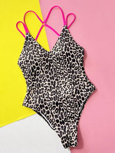 Load image into Gallery viewer, Womens Swimsuit-Leopard Plunge Spaghetti Strap One-Piece Swimwear