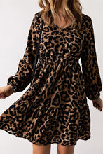 Load image into Gallery viewer, Womens Dress-Leopard V-Neck Balloon Sleeve Tiered Dress | Dresses