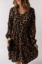 Load image into Gallery viewer, Womens Dress-Leopard V-Neck Balloon Sleeve Tiered Dress | Dresses