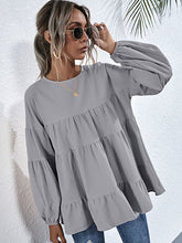 Load image into Gallery viewer, Womens Blouse-Round Neck Dropped Shoulder Tiered Blouse | Tops/Blouses & Shirts