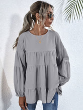 Load image into Gallery viewer, Womens Blouse-Round Neck Dropped Shoulder Tiered Blouse | Tops/Blouses & Shirts