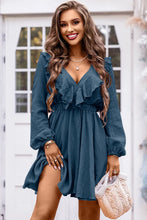 Load image into Gallery viewer, Womens Mini Dress-Ruffle Trim V-Neck Long Sleeve Mini Dress | Dresses