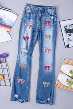 Load image into Gallery viewer, Blue Jeans-Sequin Bow Distressed Bootcut Blue Jeans | Blue Jeans