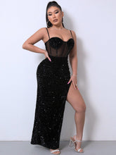 Load image into Gallery viewer, Womens Dress-Sequin Spliced Mesh Adjustable Strap Dress | Dresses
