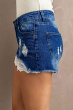 Load image into Gallery viewer, Blue Jean Shorts-Spliced Lace Distressed Denim Shorts | blue jean shorts