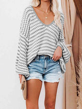 Load image into Gallery viewer, Womens Sweater-Striped Drop Shoulder V-Neck Sweater | sweater