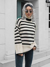 Load image into Gallery viewer, Womens Sweater-Striped Slit Turtleneck Drop Shoulder Sweater